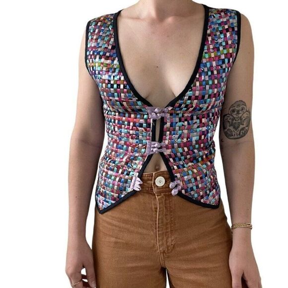 Vintage Womens Rainbow Lattice Checkered V Neck Waistcoat Vest Sz M Petite - Picture 2 of 10